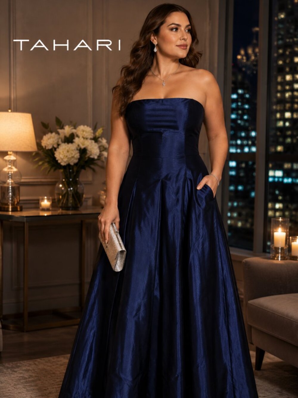 Tahari Size 12 Navy 100% Silk Strapless Formal Evening Gown with pockets